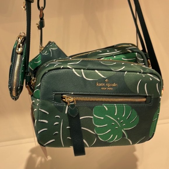 Kate Spade Chelsea Monstera Leaves Printed Nylon Camera Bag Green Multi - Picture 16 of 16